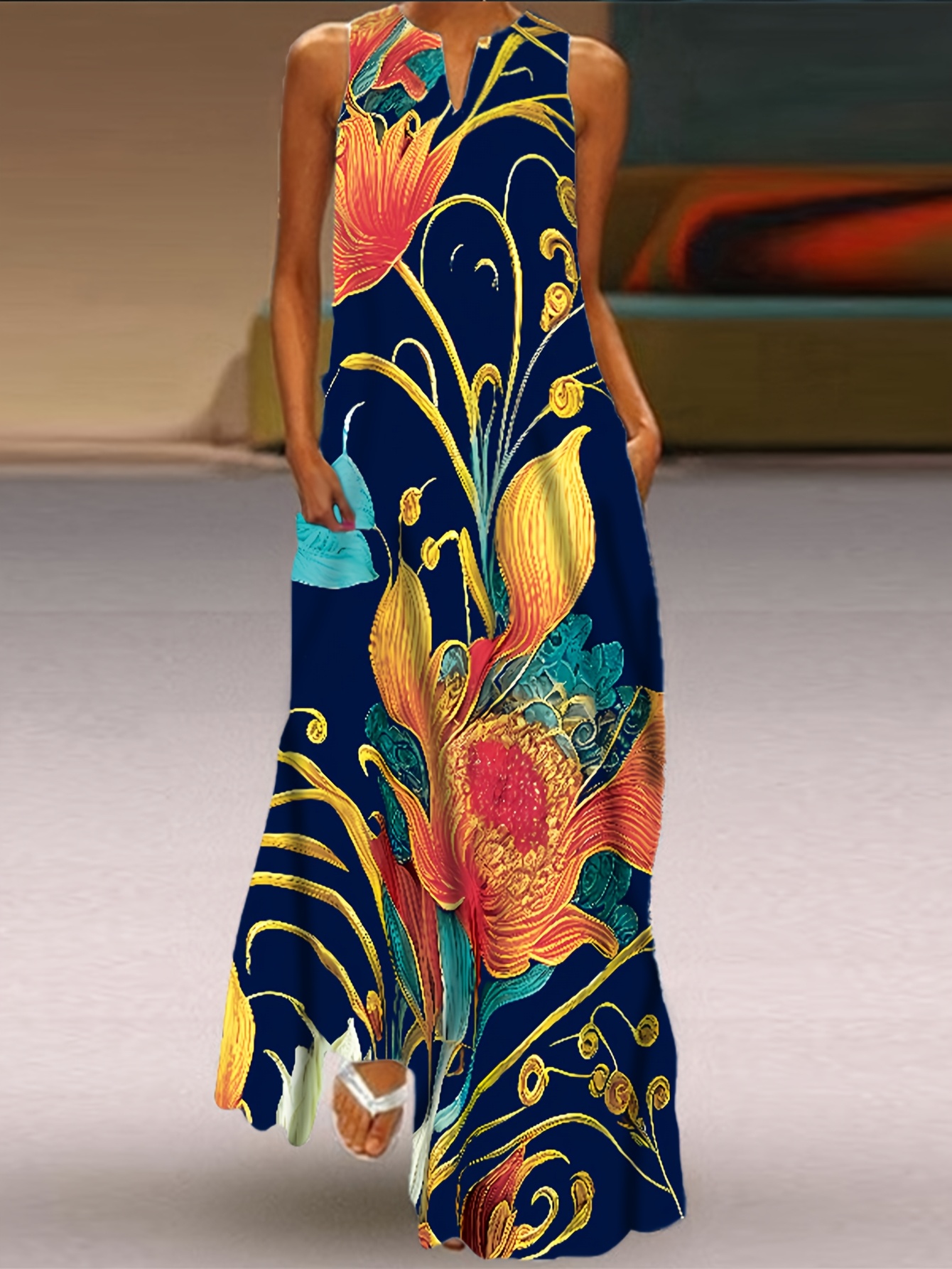 Women's Vintage Floral Geometric Print Sleeveless V-Neck Dress A-Line  Flared Summer Dress with Pockets, Navy Blue Multicolor Retro Pattern, Mach