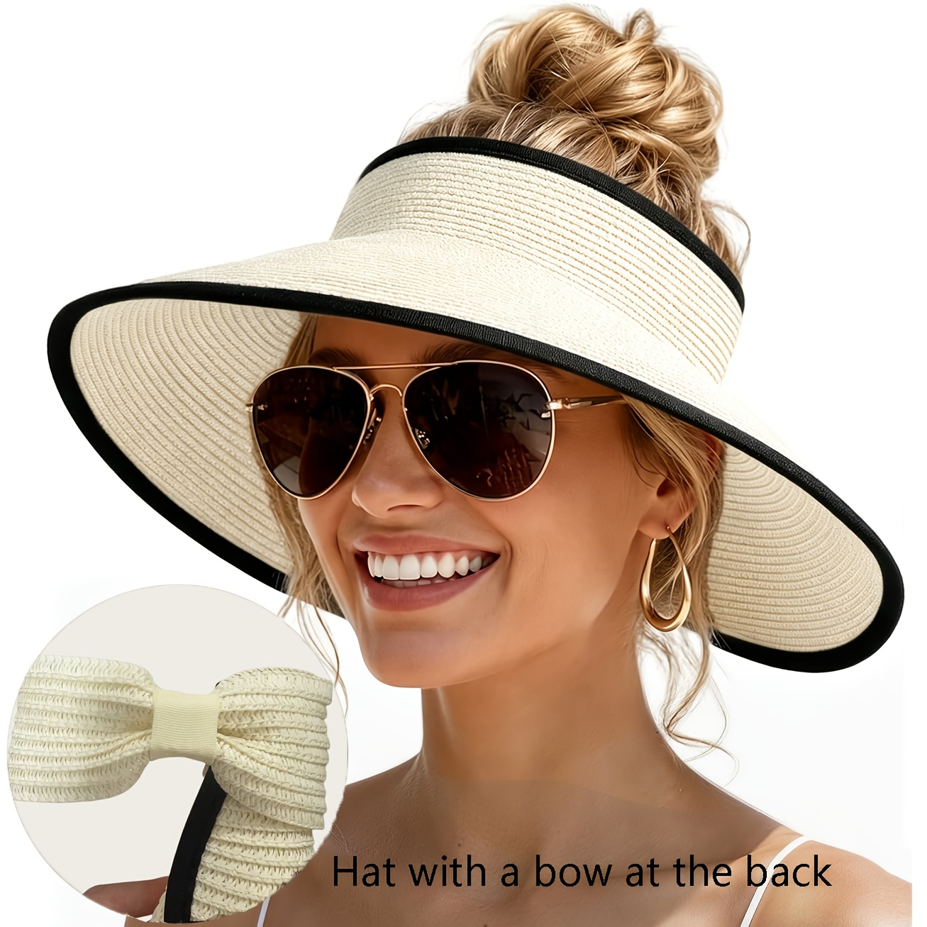 Image of Brim Hat For Women, Summer Fashion Black-trimmed Roll-up Hat, Sun Hat, Beach Vacation Travel Gift