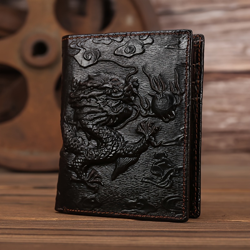 

1pc Men's Minimalist Wallet, With Retro Dragon Pattern Money Clip, Top Layer Cowhide Embossed 2 Fold Vertical Wallet