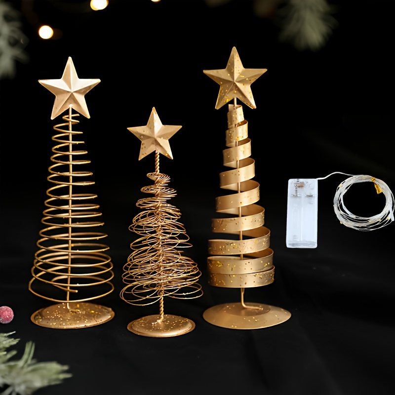 TEMU With Led String Lights 3-pack Scandinavian Vintage Golden Metal Christmas Trees - Mini Star Tabletop Decor, Nordic Luxe Holiday Decor For Home,