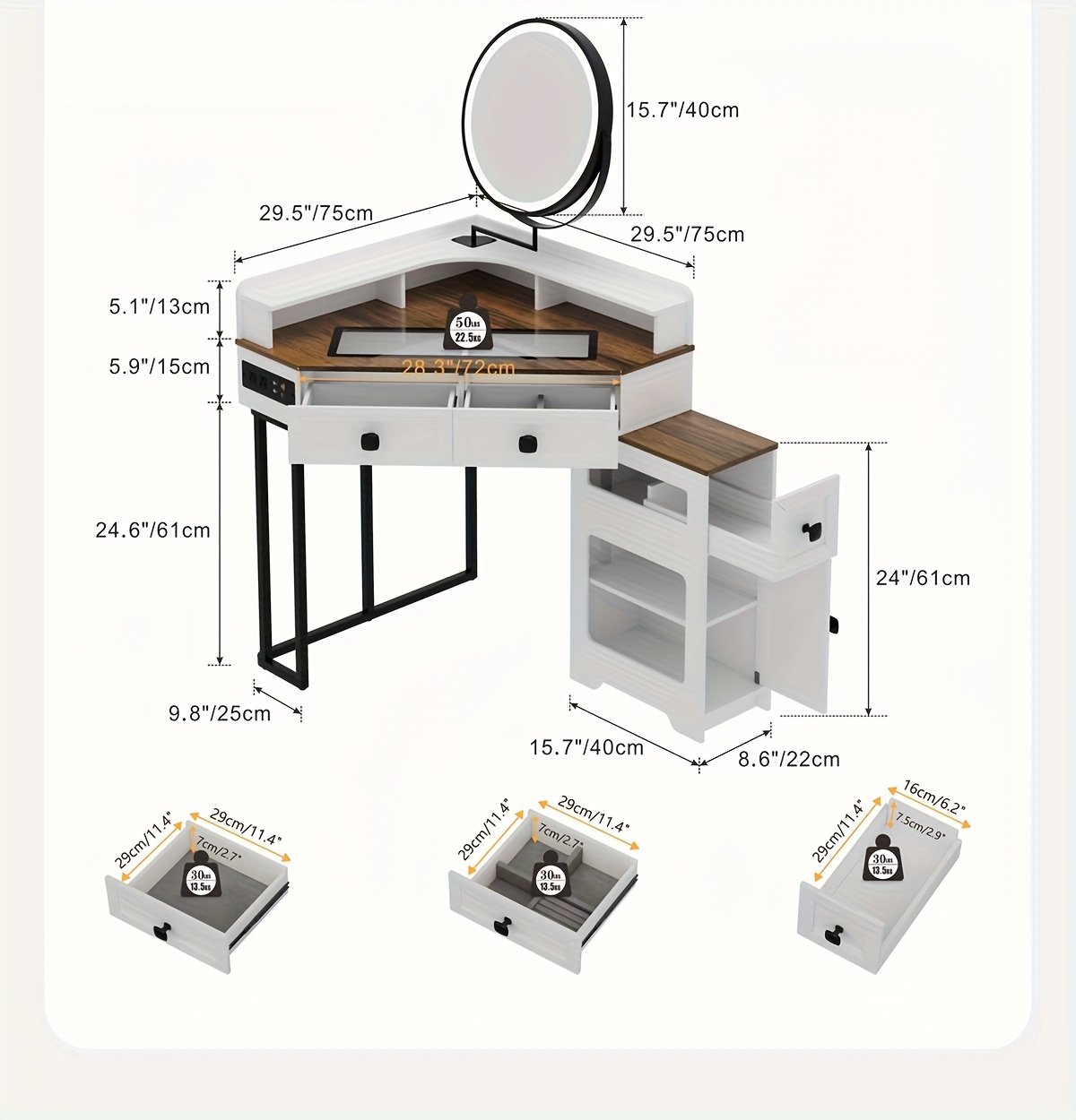 Dystler Corner Vanity With Mirror And Lights, Modern Makeup Vanity Set With Charging Station For Bedroom/Cloakroom, Glass Top Vanity Table With Drawers And Shelves, White