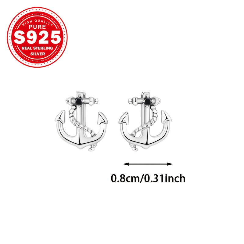 Women's S925 Silver Anchor Stud Earrings with Zirconia Accents