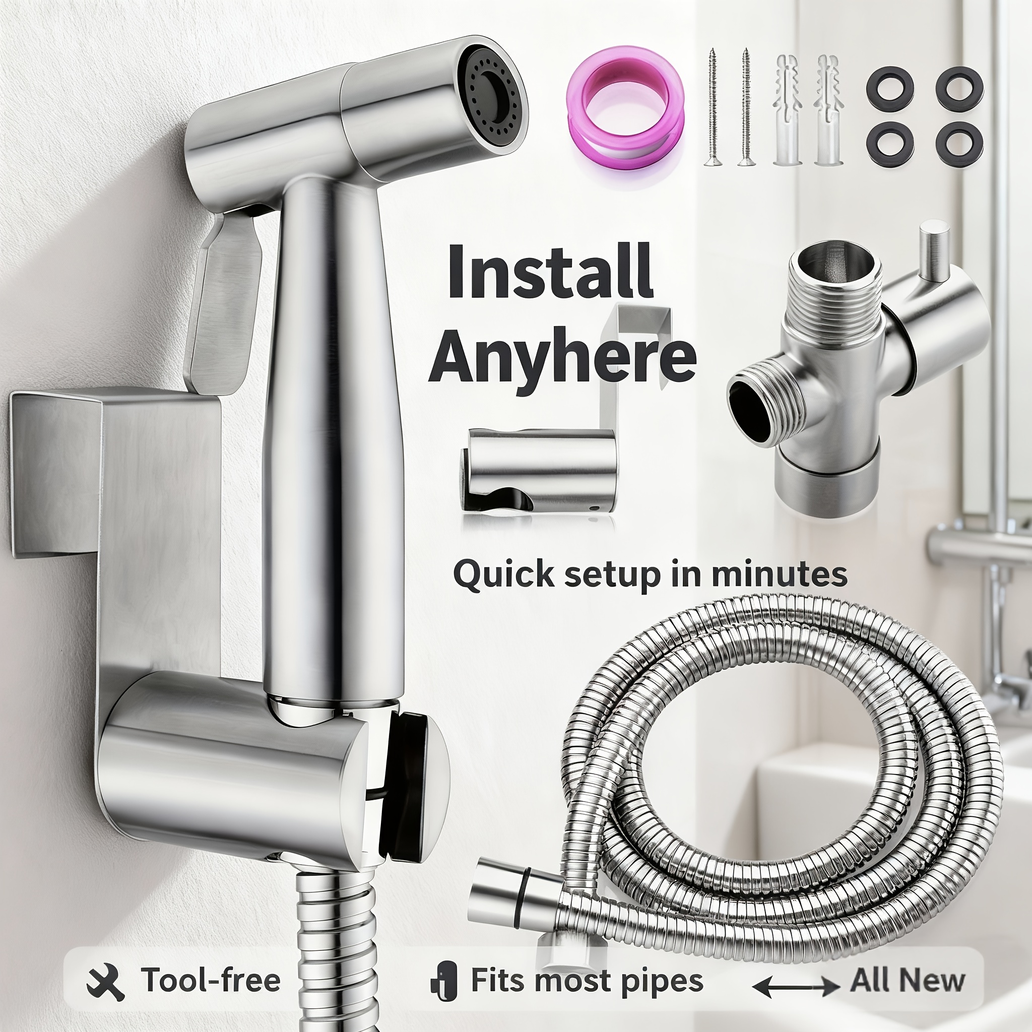 Set Wall-Mounted Handheld Spray Gun Sitting Bath - Includes Spray Gun, Bracket, Teflon Tape, And Flexible Extension Hose. Quickly Adapts to Toilets, Bathrooms, And Sinks; Suitable for Household Cleaning, Gardening, And Pet Washing. — Zaynora Luxury Marketplace