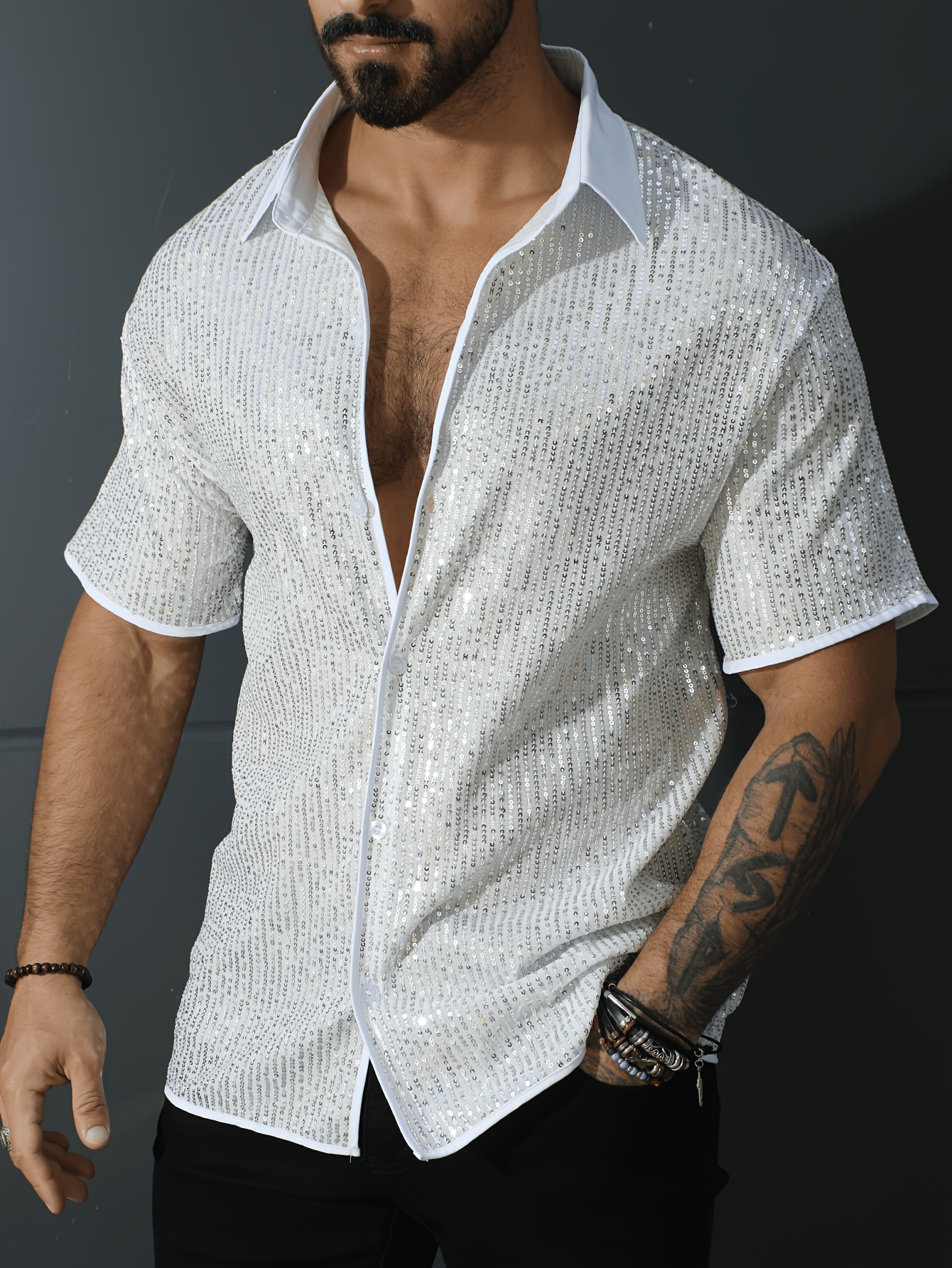 Chemise Paillette Homme Col Revers- Chemise Manches Longues