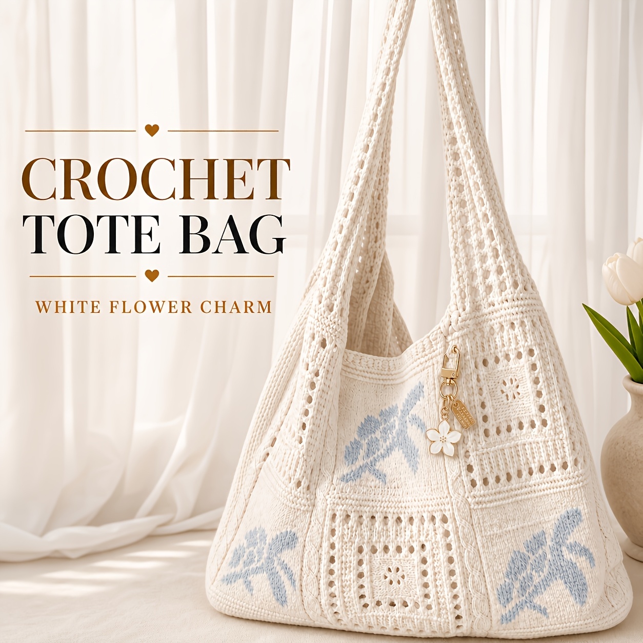 TEMU 1pc Bohemian Crochet Tote Bag And 1pc Creative Flower Pendant, Travel-friendly - Large Capacity Bag With , Beige Crossbody/handbag For Seaside ,
