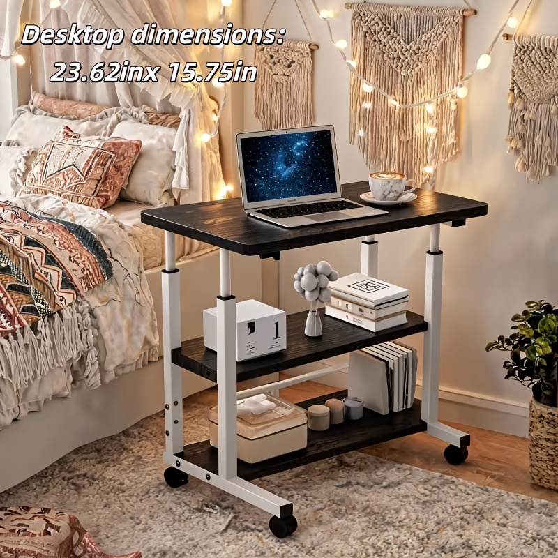 TEMU Extra-large 3-tier Mobile Computer Desk With Wheels - Portable Laptop Cart Featuring Dual Storage Shelves And Lockable Casters - Space-saving