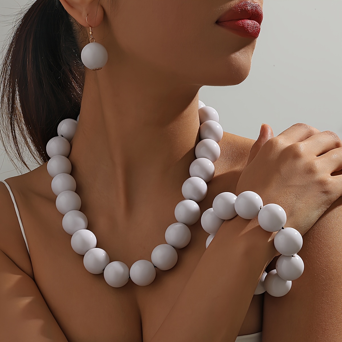 An Elegant And Retro Acrylic Bead Necklace, Earrings, Bracelet Set For Women's Holiday Birthday Date Dance Party Vacation Shopping Accessories