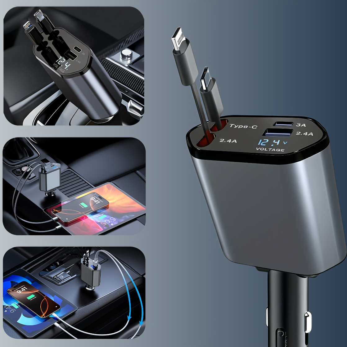 4 in 1 fast charging car charger with digital voltage display 66w retractable lightning and type c charging cables dual output ports for usb and type c compatible with iphone 15 14 max xr x and samsung details 4