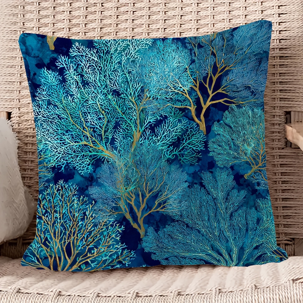 TEMU 1pc, Multiple Sizes Double-side Printing Short Pillowcase, Fan Coral Print Turquoise Aqua And Cobalt Blue Throw Pillows Covers, Suitable For