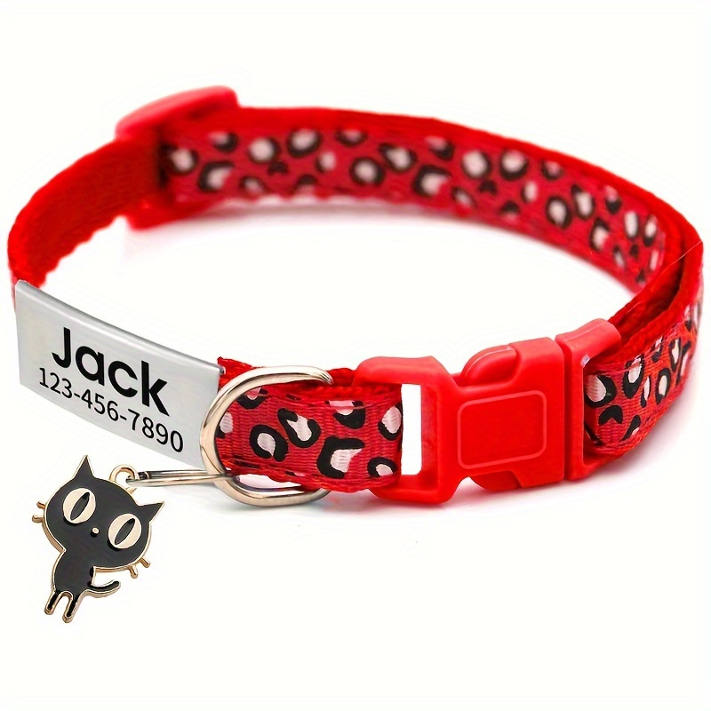 TEMU Personalized Collar With Custom Engraved Name & Black Cat Pendant - Leopard Print & Colorful Patterns, Durable Polyester Pet Id Tag - Perfect