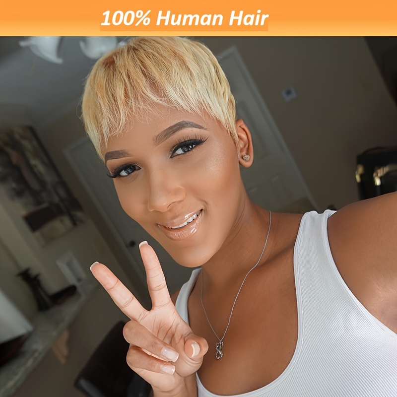 

Chic 613 Blonde Cut Wig With Bangs - Short Straight Human Hair, 180% Density, Full Machine Made, , Versatile For Women