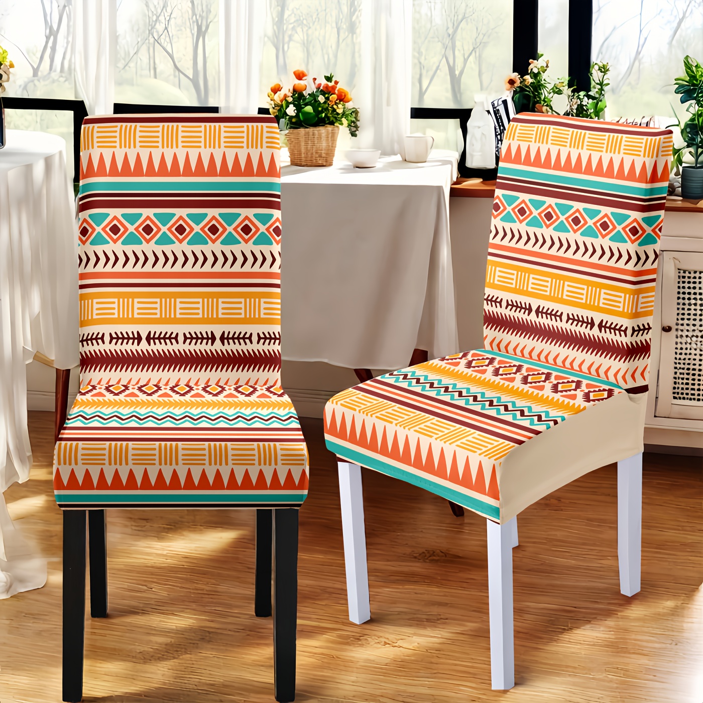 Bohemian Style Pattern Chair Covers and Tablecloth Set, 4/6/5/7pcs, 4pcs (4  Chair Covers), 6pcs (6 Chair Covers), 5pcs (1 Tablecloth Chair