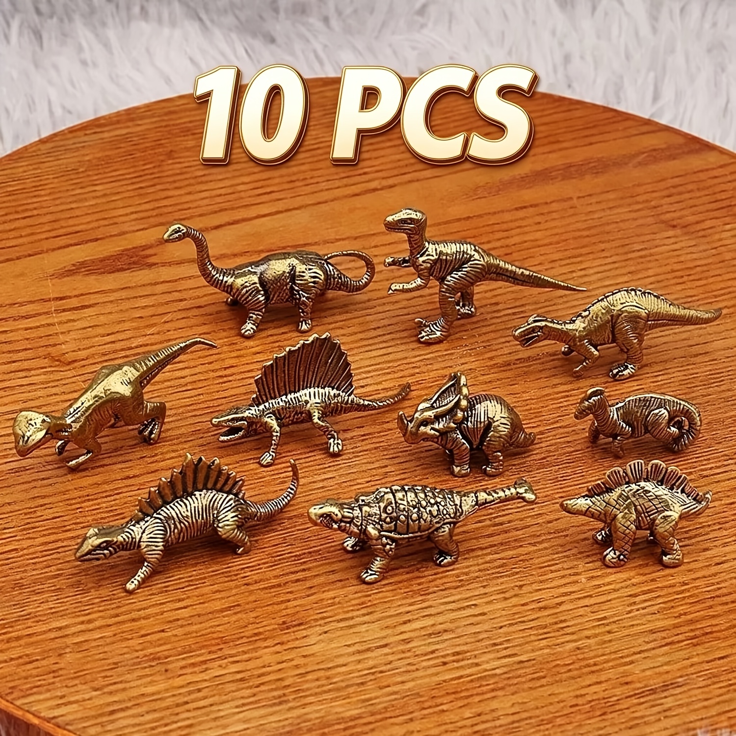 TEMU 10pcs Vintage Solid Brass Dinosaur Mini Figurines Set Retro Metal Dinosaur Statues Multiple Styles Tiny Animal Ornaments Micro Landscape Bonsai