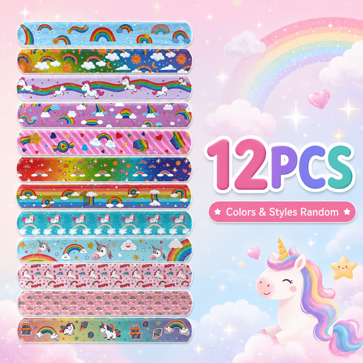 12pcs Unicorn And Rainbow Slap Bracelets For Kids, Magical Snap Wristbands, Party Favors, Birthday Gifts, Fillers, Classroom Rewards For Little Girls