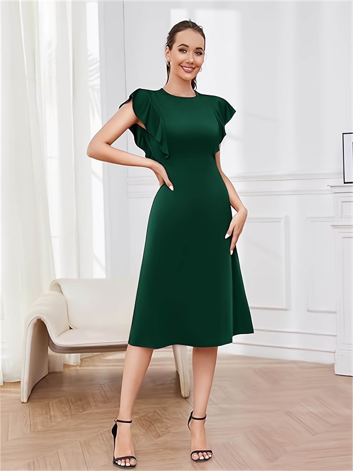 green emerald velvet dress Allegra K Work Dress for Women's Elegant Square Neck 3/4 Sleeve Belted  Pleated a Line Church Midi Dress Dark Green XS at Amazon Women's Clothing  store main image 1