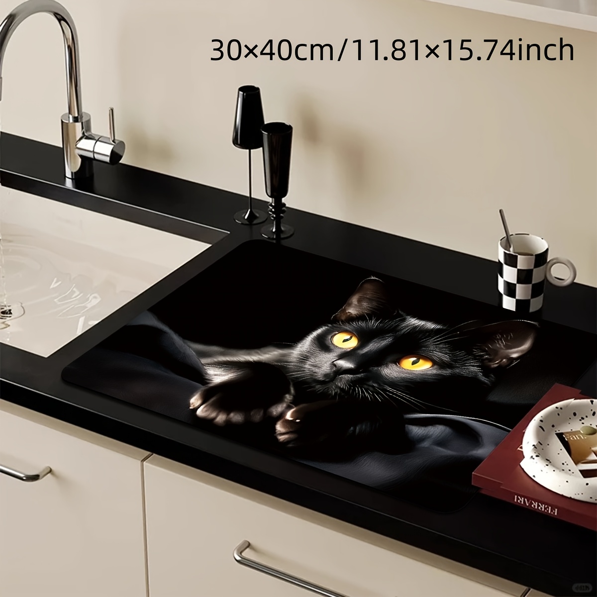 TEMU 1pc Black Cat Theme Drying Mat, Coffee Machine Mat, Tableware Drying Mat, Quick-dry Absorbent Mat For Kitchen Sink, Coffee Cup Coaster, Durable