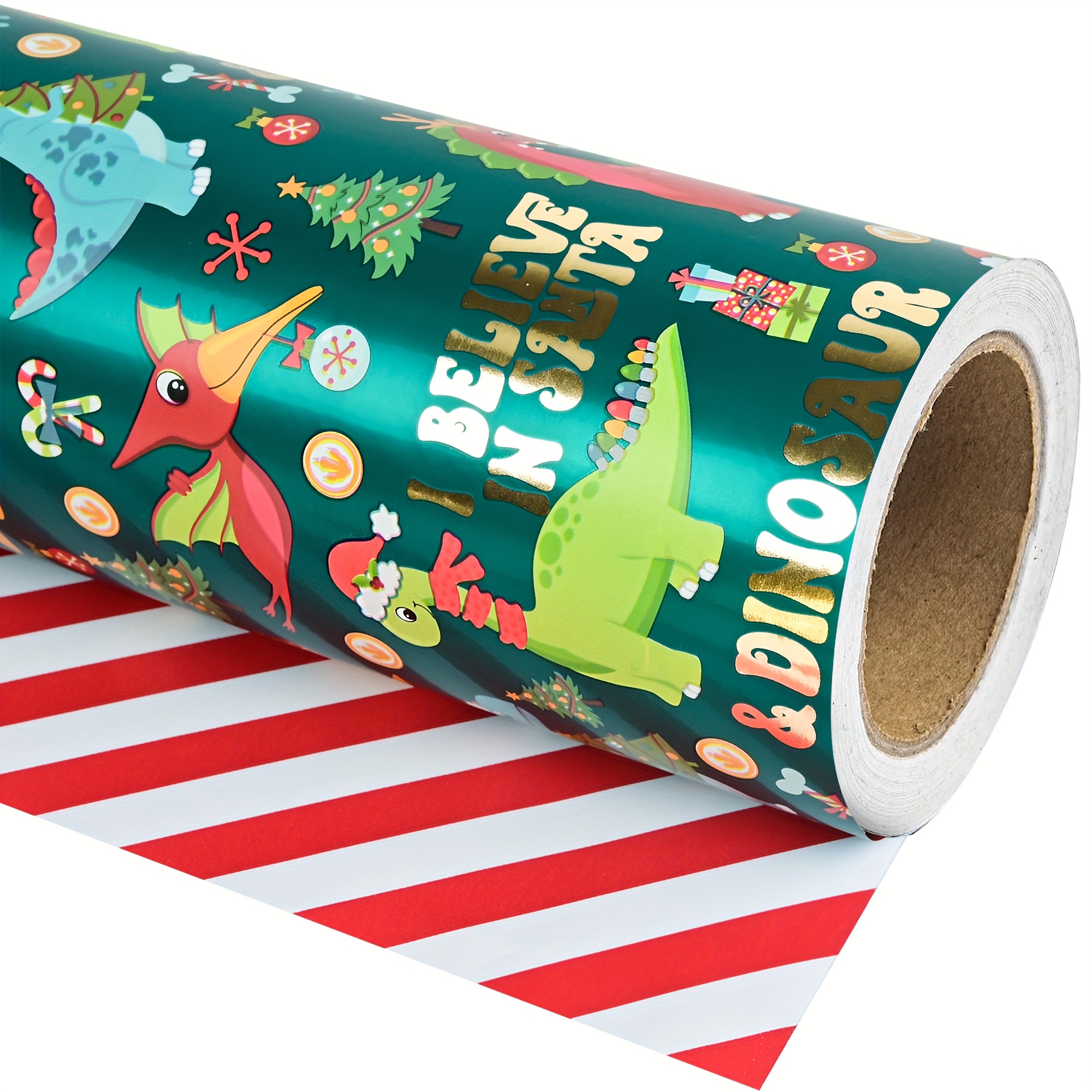 Image of 1 Roll Of Christmas Foil Wrapping Paper - Green Christmas Dinosaur Design, Double-sided Christmas Wrapping Paper - Ideal For Holiday Party Decorations, 17 Inches X 16.5 Feet