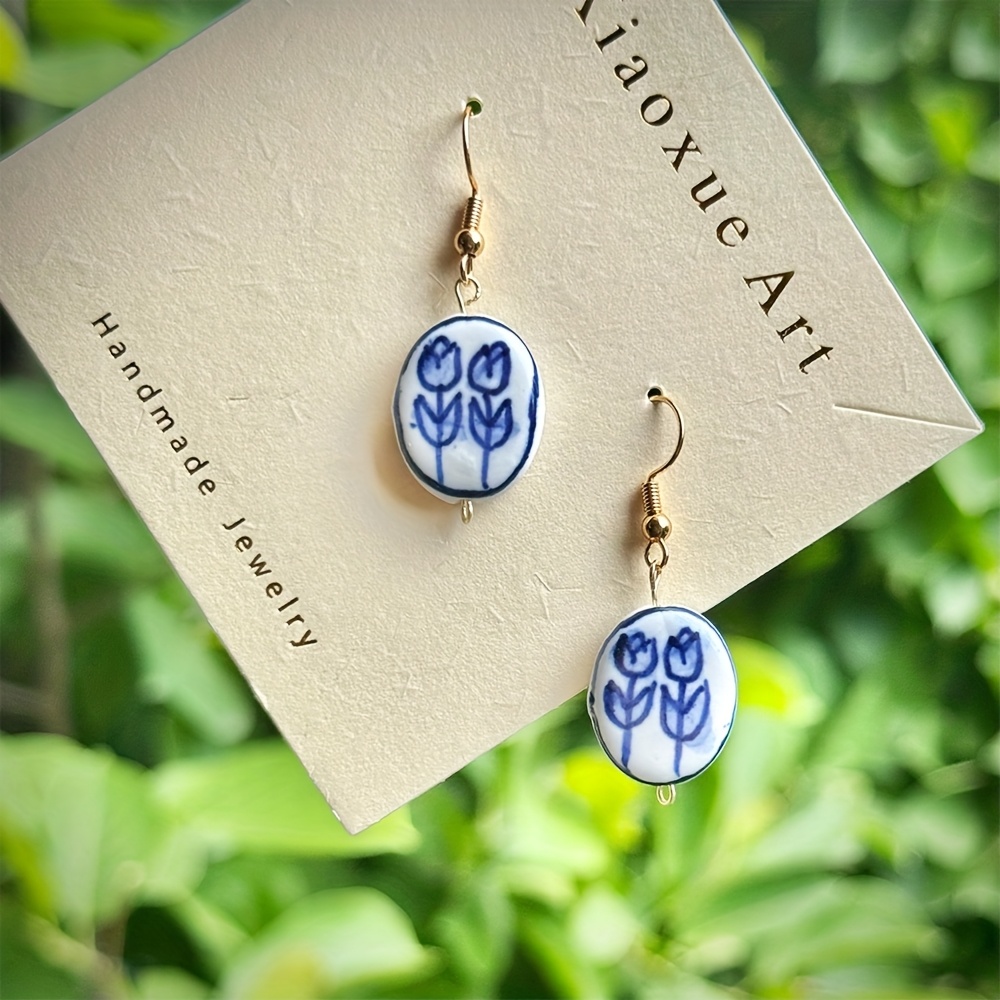 Ceramic Tulip Pattern Earrings, Handmade Elegance
