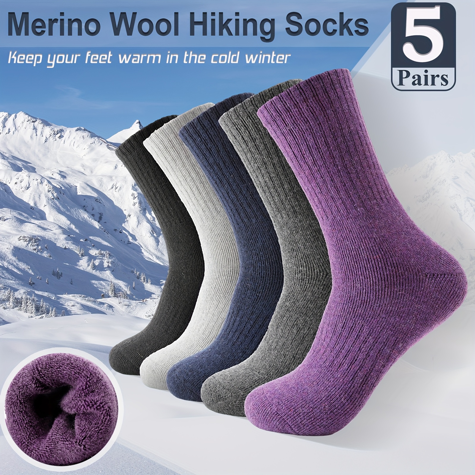 

5 Pairs Merino Wool Hiking Socks, Thermal Cushion Moisture Wicking Crew Boot Socks For Women&men, Outdoor Cycling Running Winter Skiing Camping Mountaineering Skating, Winter