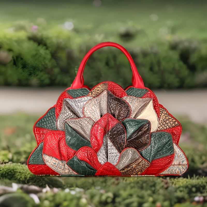 [Genuine Leather Satchel] Genuine Leather Satchel Handbag - Cobbler Legend Wo's Handmade Top Layer Cowhide with Lotus Flower & Crocodile Texture Design, Detachable Strap, Zipper Closure, Vibrant Color Block for Casual & Formal Occasions