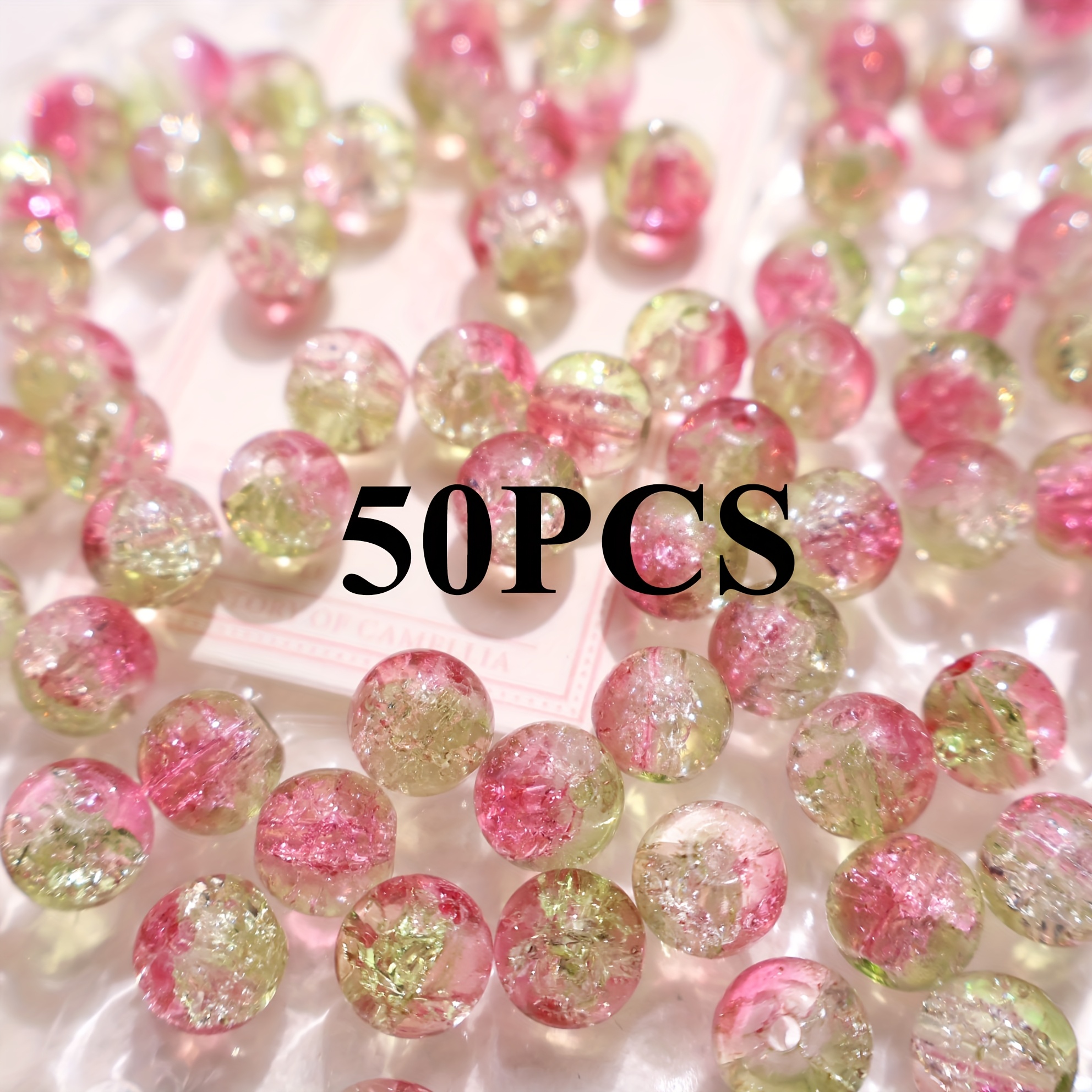 Image of 50pcs 10mm Spring Pink And Green Gradient Snowflake Crack Glass Loose Beads, Romantic And Fresh Handmade Materials, Suitable For Making Bracelets And Necklaces And Other Crafts