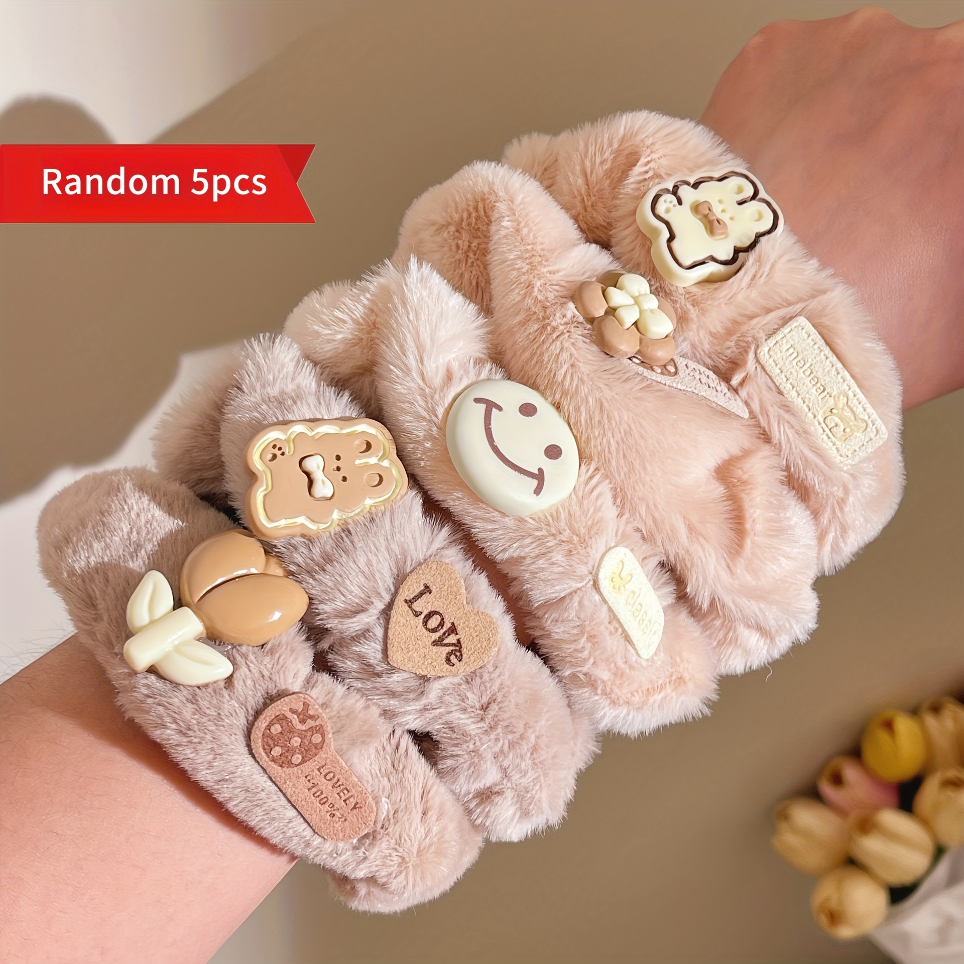 A Set Of 5 Elegant Cartoon Bear And Rabbit Plush Hair Ties - Soft Flannel Korean-style Multi-functional Hair Additions, Random Colors, Milk Coffee-colored Gentle And Cute Hair Ties, Ladies' Headwear