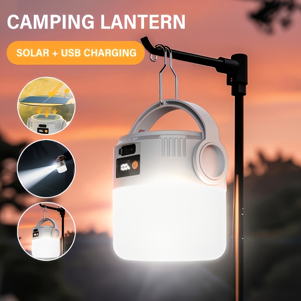 This Is a Super Bright 2-In-1 Solar And USB Rechargeable Camping Lantern with LED, Featuring a 360° Hanging Design That Is Portable And Suitable for Tents, Hiking, And Emergencies - Includes a USB Cable for Charging