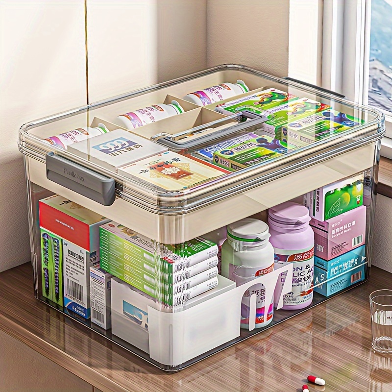 1pc Large Capacity Medicine Storage Box with Easy-Grip Handles - Durable, Multi-layered Plastic Pill Organizer for Household, Travel & Office Use - Secure, Space-Saving Sundries Storage Solution