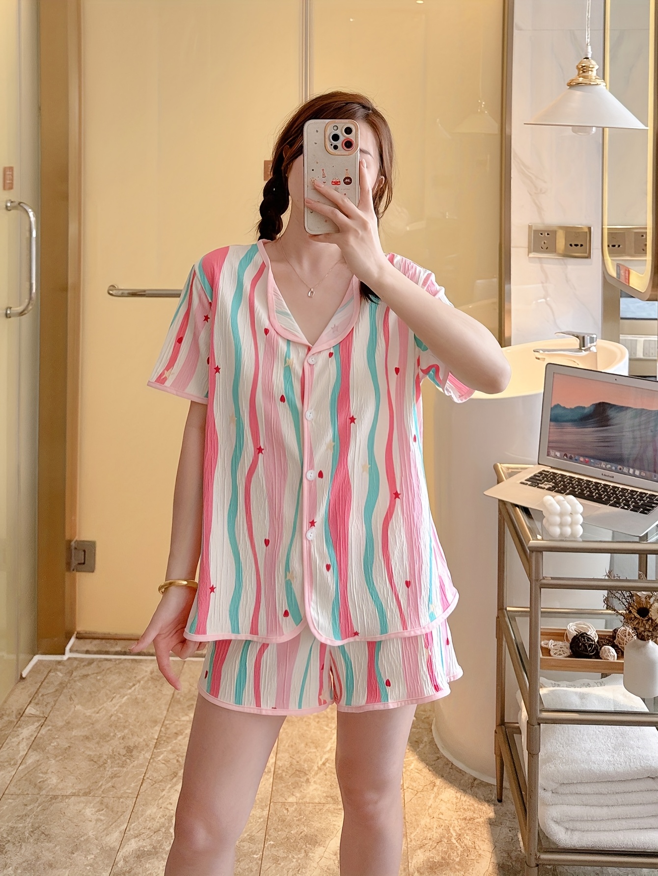 womens 3pcs pajama set with short sleeves long pants and shorts striped   style polyester material suitable for spring summer and fall mixed color 4