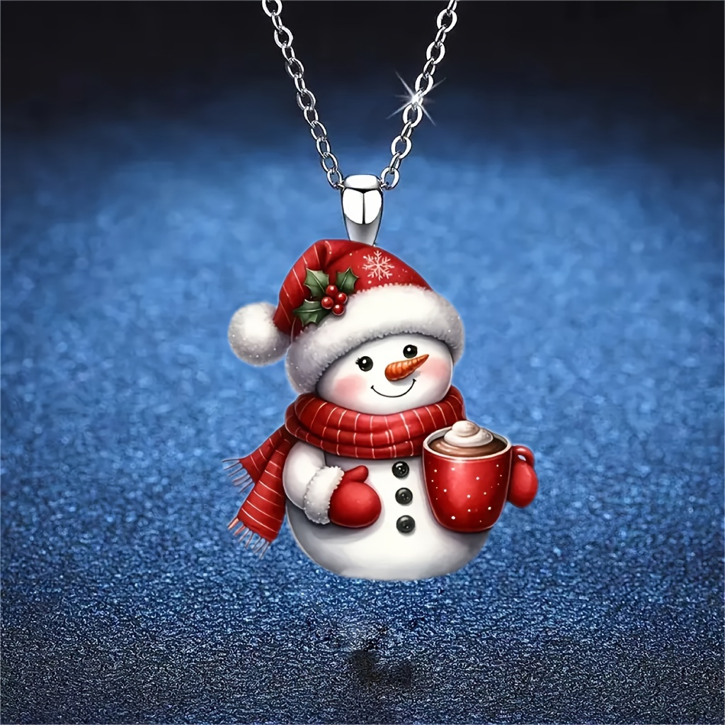 

Christmas Snowman Pendant Necklace With Red Scarf And Hat, Holding Coffee Cup - Acrylic Personality Theme Charm, Mixed Color, No Plating - Perfect Holiday Gift For Festive Celebrations