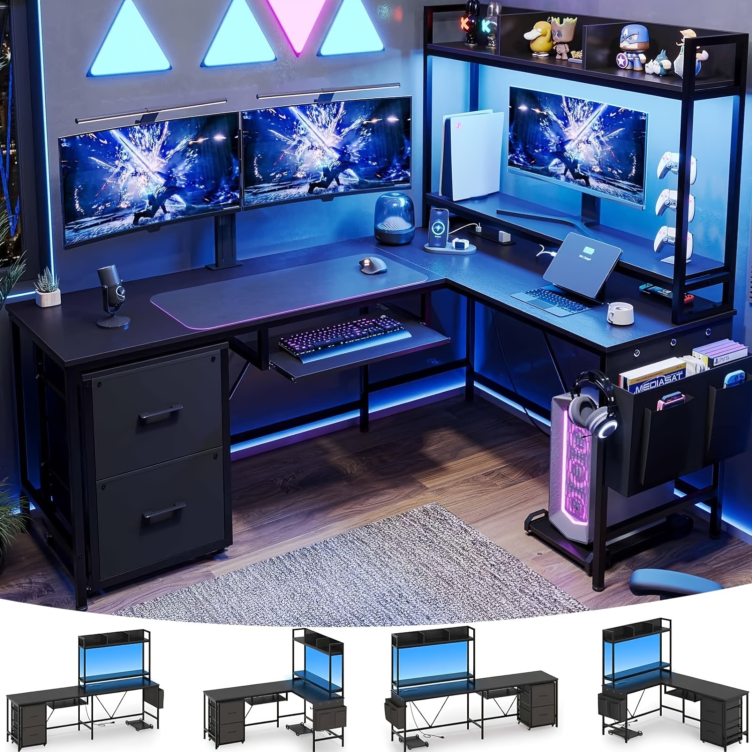 

Black Computer Desk L Shaped Gaming Desk With File Cabinet&keyboard Tray, Reversible Home Office Desk With Hutch&monitor Stand