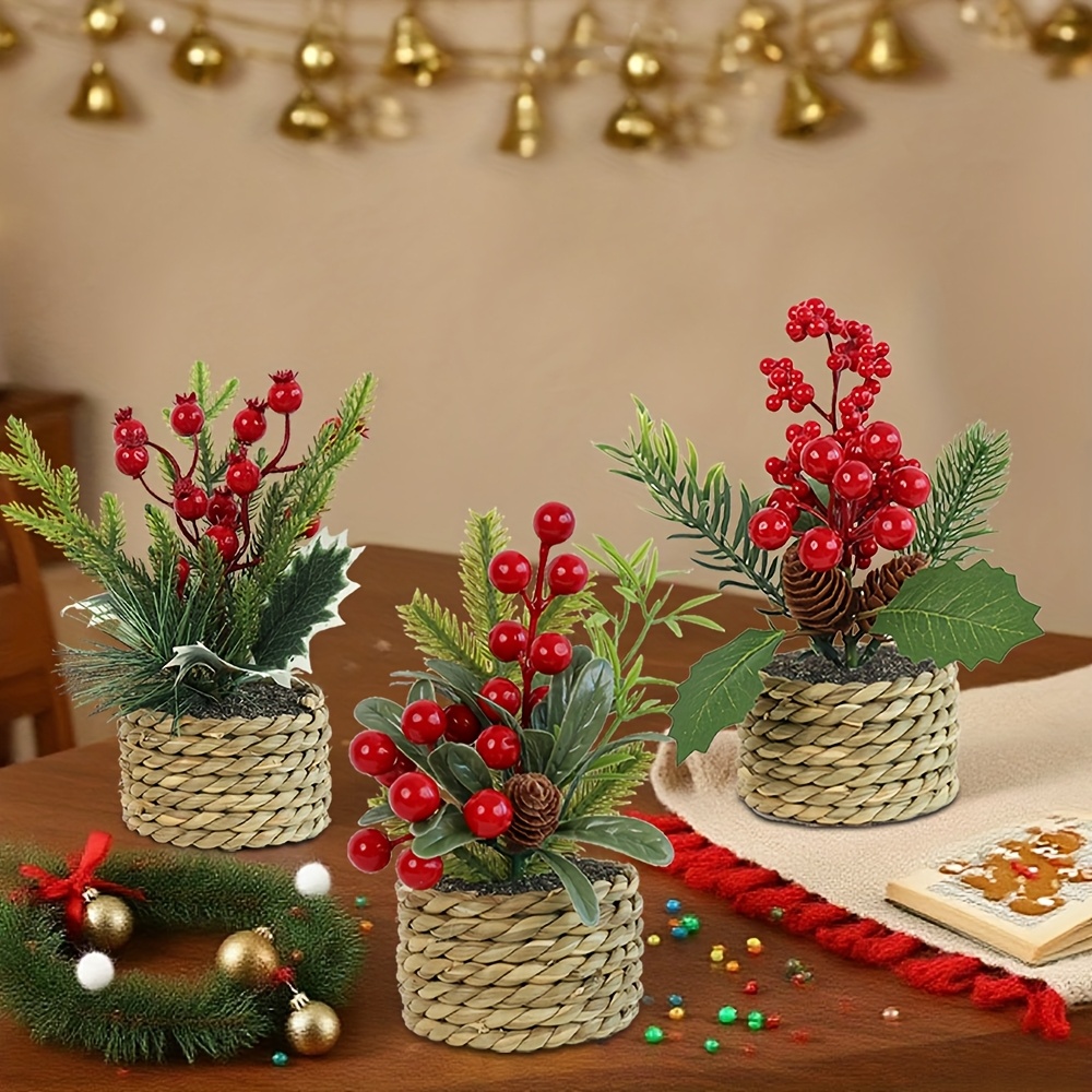 TEMU 3pcs Artificial Christmas Wreath & Topiary Set With , -wrapped Vase-like Baskets - Realistic Pe Pine Branches, Red Berries & Pine Cones For