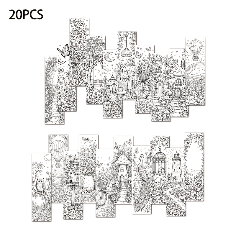 TEMU 20pcs Pack Diy Coloring Bookmarks Suitable For Books, Relax Gifts With Spring Summer Floral, Mushroom, & House Patterns - Page Dividers For Book