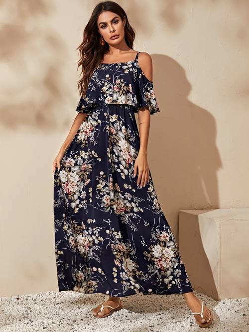 elegant off shoulder floral dress with ruffle trim polyester machine washable