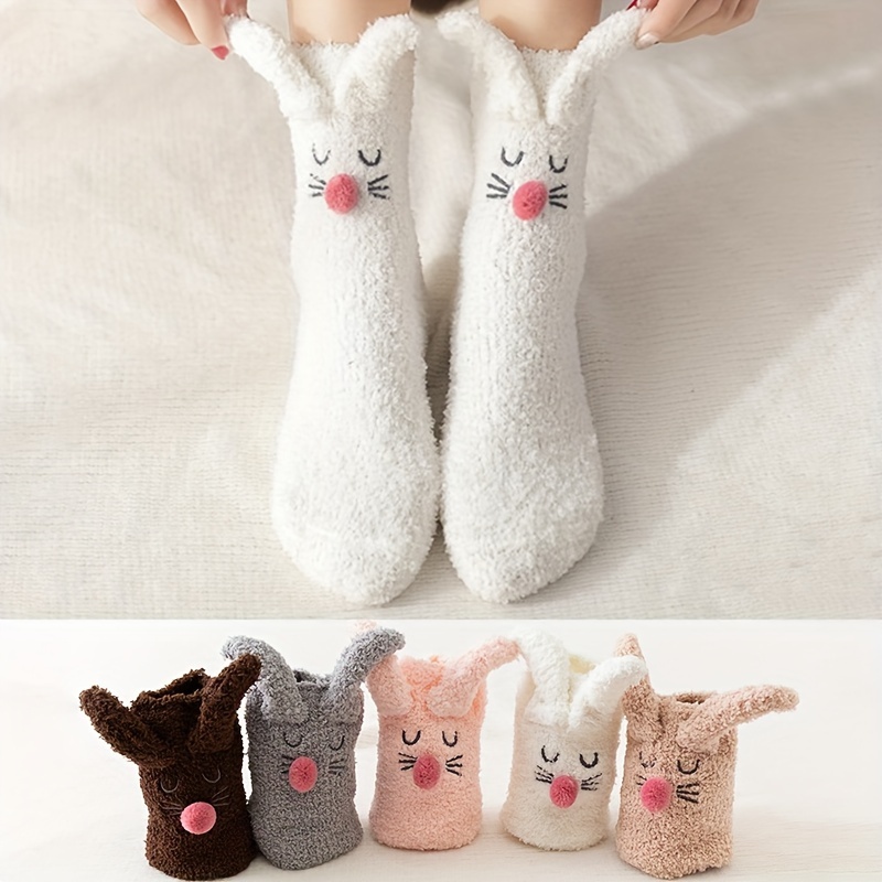 

3d Cartoon Rabbit Socks, Cute Fuzzy Warm Slipper Home Socks For Fall & Winter, Women's Stockings & Hosiery