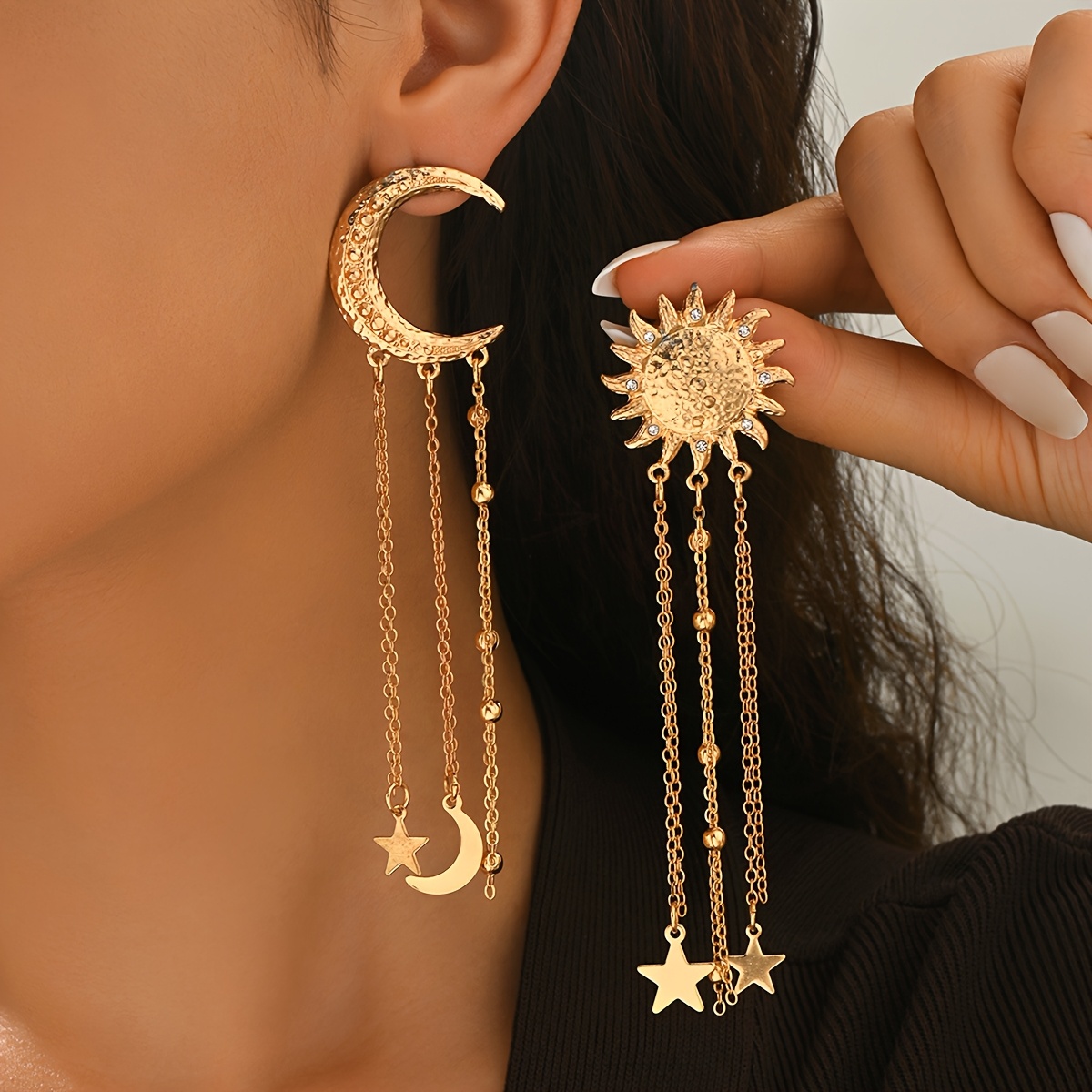 TEMU 1 Pair Of Women's Autumn/winter Asymmetric Tassel Earrings, And With Rhinestone Stars And Moon Chain Dangle Earrings, Metal Material, Vintage