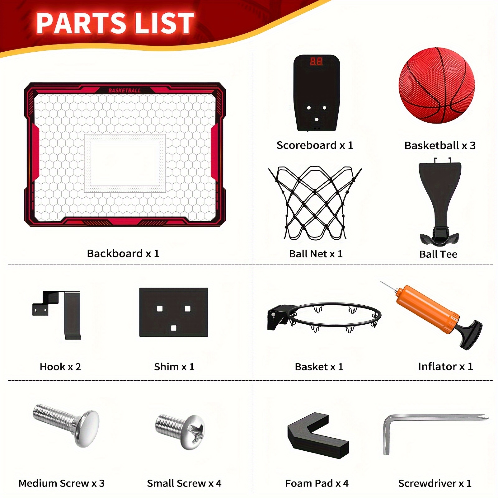 TEMU Basketball Hoop Indoor, Mini Basketball Hoop With 7 Led Lighting, Scoreboard, 3 , Volume Adjustable, Over Door Basketball Hoop Foldable,