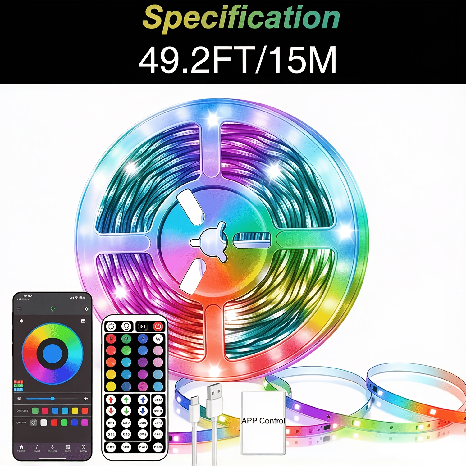 TEMU 100ft Rgb Led Lights With App & Remote Control - Music Sync, 16 Million Color Changing String Lights Suitable For Home, Stage, Party, Christmas