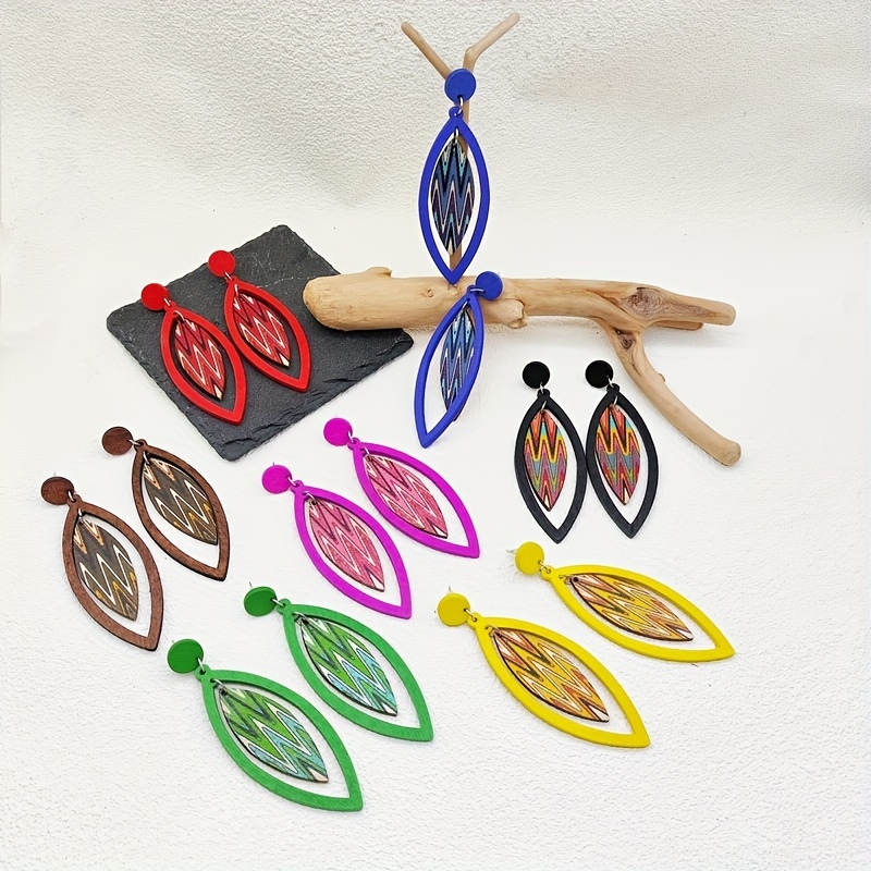 10 retro bohemian ethnic style colorful print wooden earrings fashion personal water drop geometry pendant womens earrings details 20