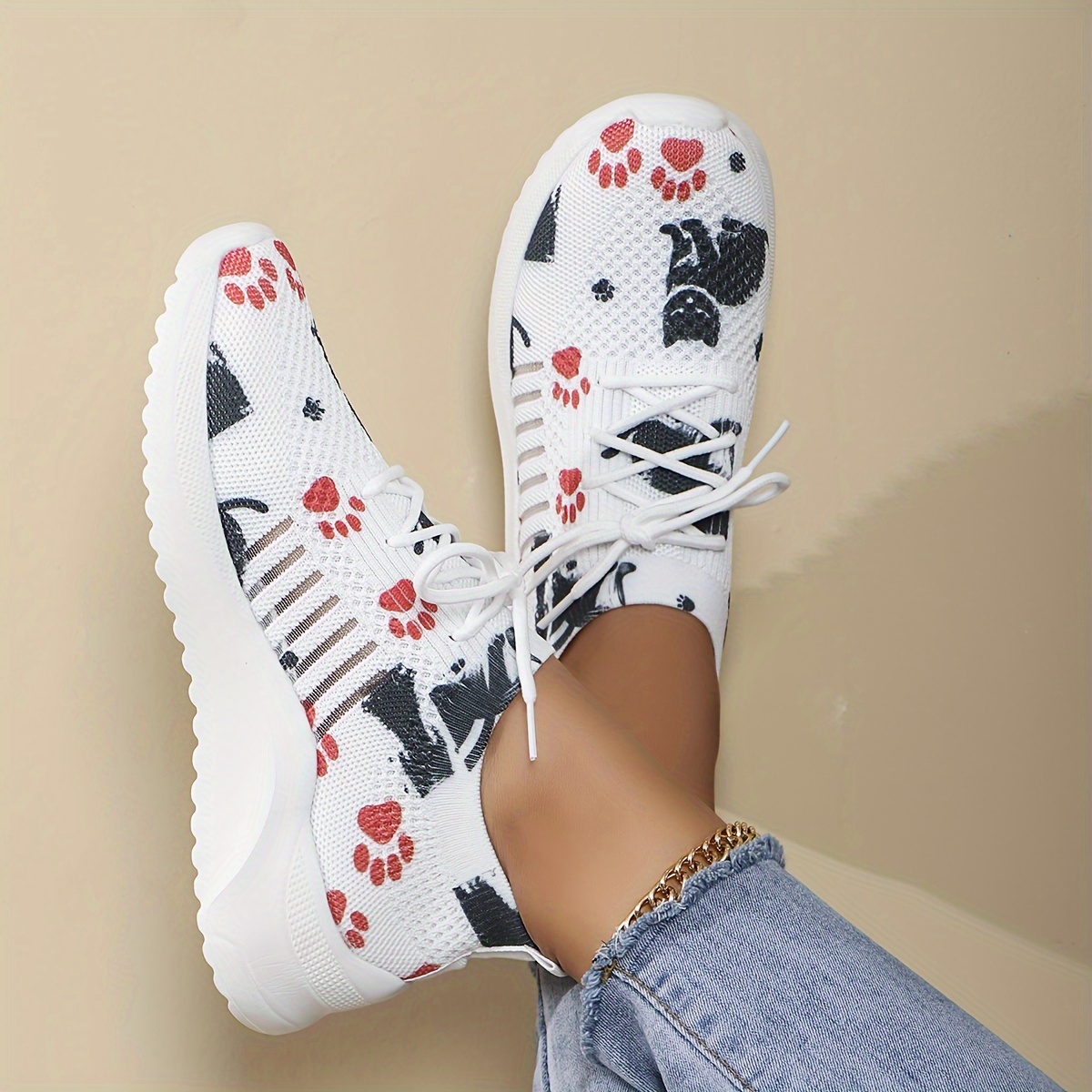 

Women's Cute Cat Pattern Sneakers, Breathable Flying Woven Outdoor Shoes, Comfortable Low Top Sport Shoes