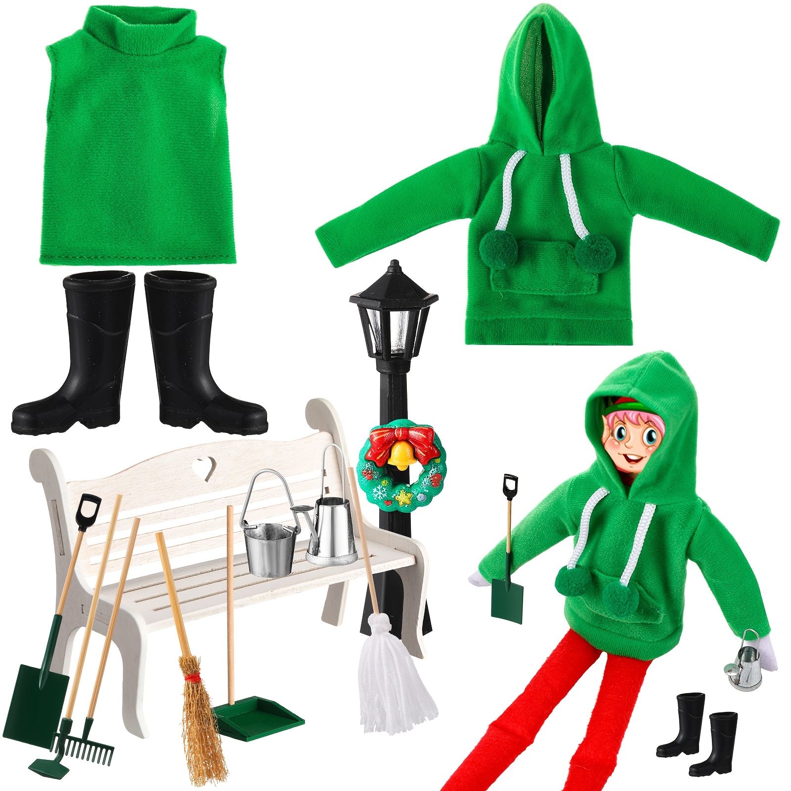 

12pcs Christmas Elf Doll Accessories Set Garden Weeding Elf Doll Clothes Christmas Elf Accessories Broom Chair Boots Bucket Clothes Dustpan Streetlamp For Doll Decoration