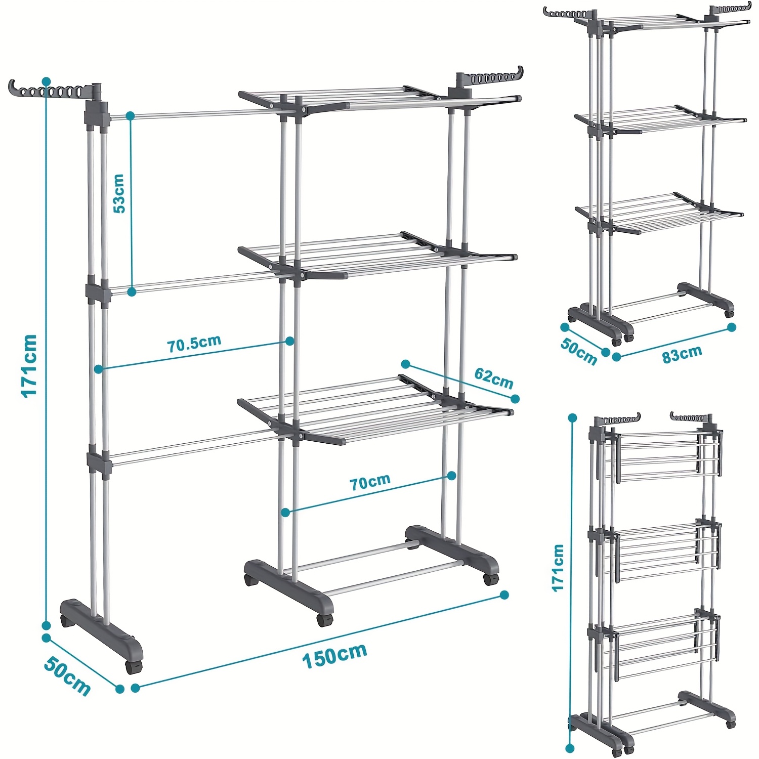 Foldable Stainless Steel Clothes Drying Rack, 3-tier Rolling Laundry Dryer Stand With Wheels, Large Capacity Indoor Outdoor Garment Hanging Rack, Drying Racks