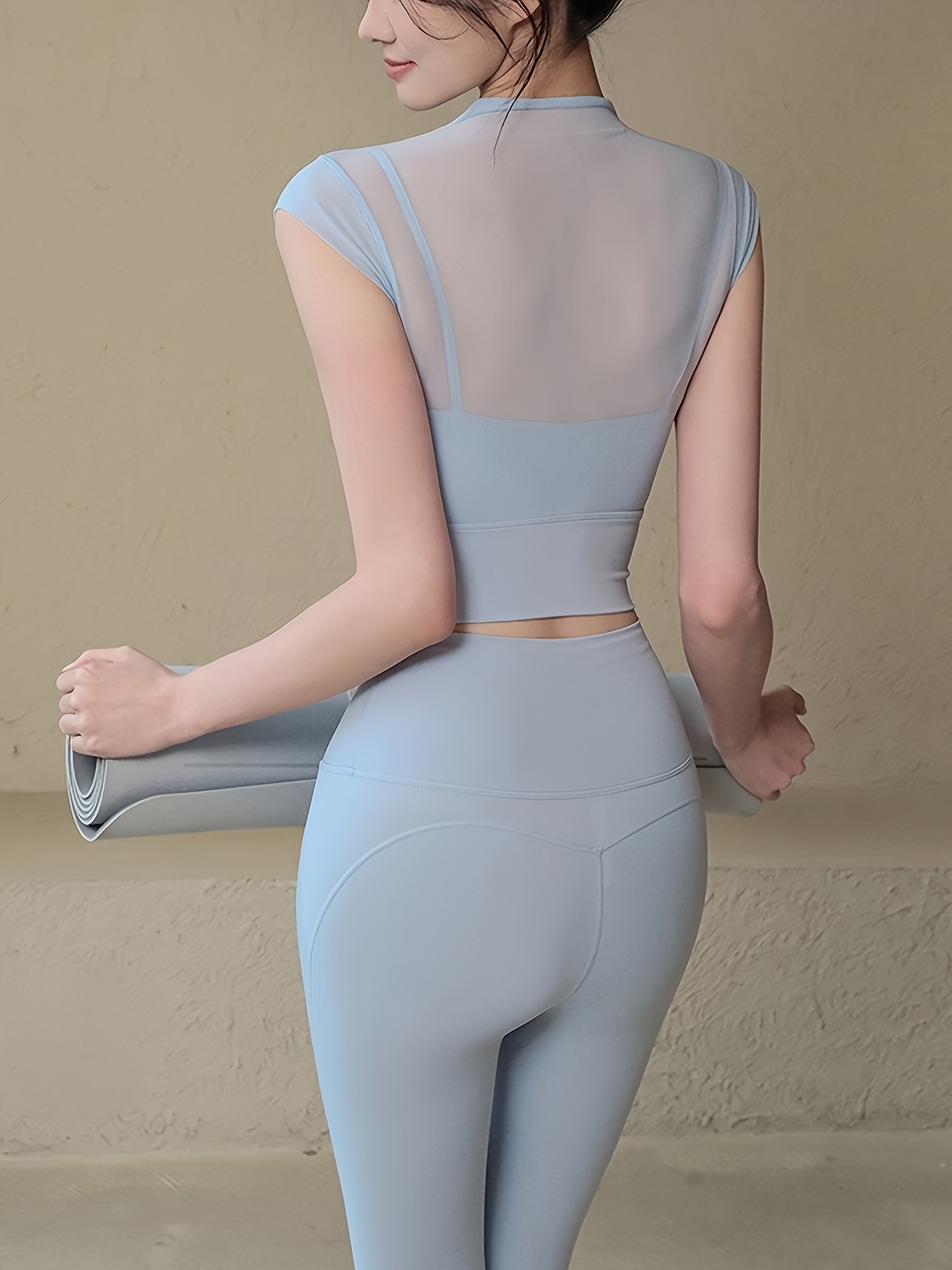 two piece set womens spring summer autumn mesh thin yoga tight top and leggings elegant outerwear fitness short sleeved pilates training outfit details 2