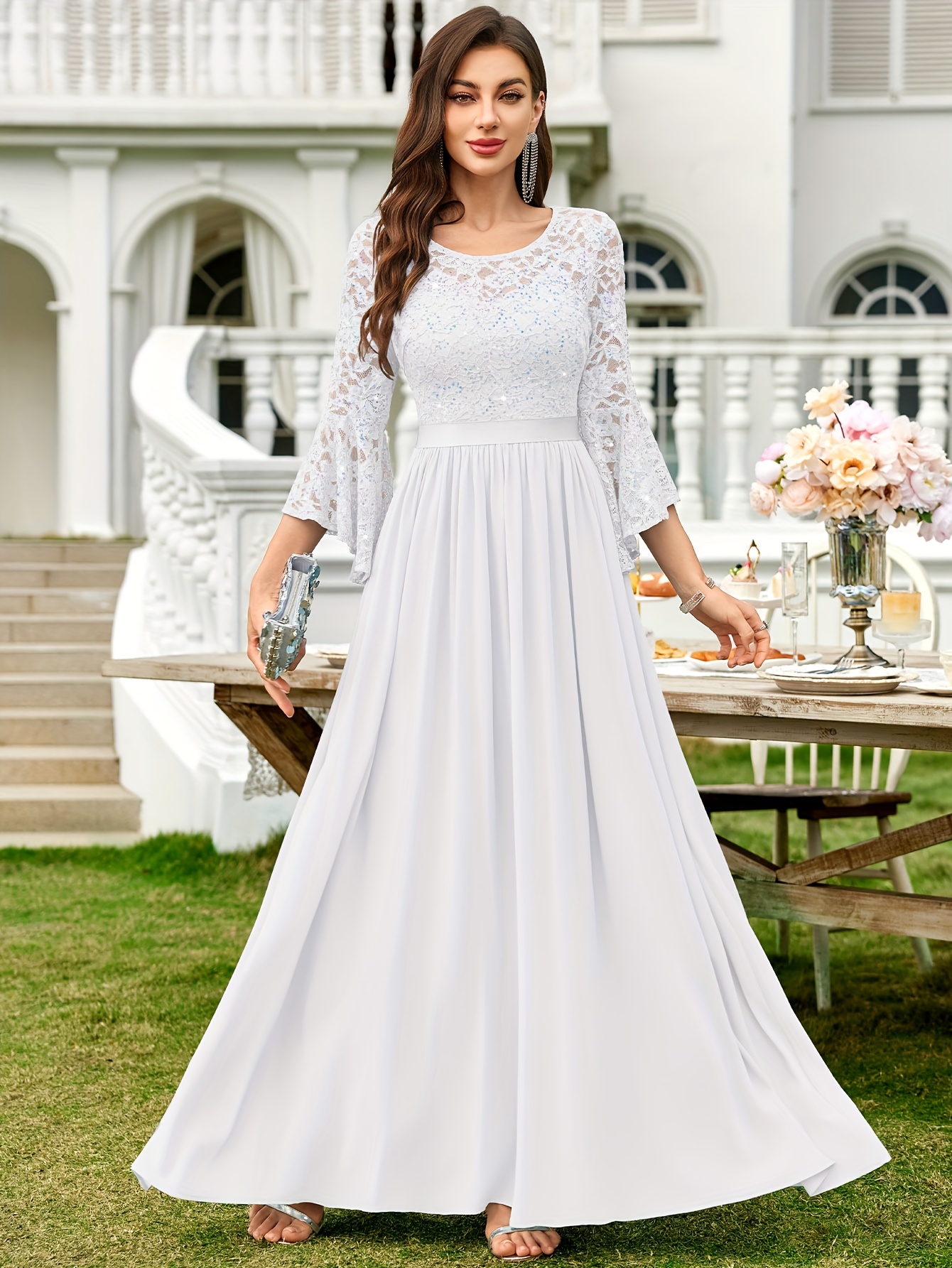 knee length dresses for ladies Printed Surplice Flounce Sleeve Maxi Dress main image 0