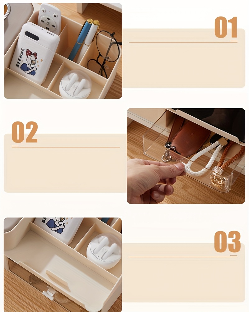 1pc desktop multifunctional tissue storage box mobile phone holder cosmetic storage rack pen glasses remote control holder drawer   counter storage rack bedroom living room organizer grid classification storage box Product details 6