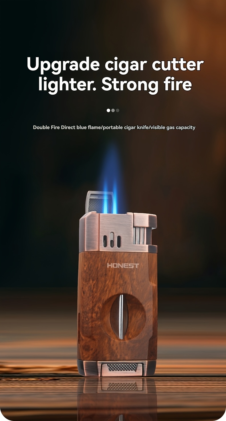 (Fuel Not Included) Cigar Lighter, Torch Lighter With V-shaped Cigar Cutter, Built-in Cigar Clip, Visible Air Window, Cigar Torch Lighter, Cool Lighter Suitable For Candles, Dual Windproof Jet Flame, Integrated Torch Cigar Lighter With Double Flame