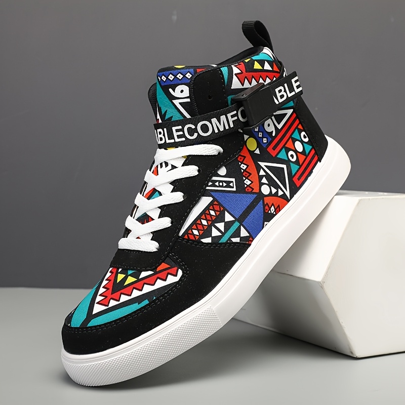 TEMU [sneakers] Men's Casual High-top Skateboard Shoes, Men's Geometric Print, Fashionable, Versatile, Comfortable, Breathable, Colorful Contrasting