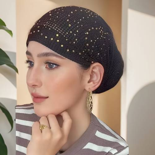 sparkling embellished knit turban cap for women breathable brimless head black with golden glitter details chemotherapy patients or stylish outfits