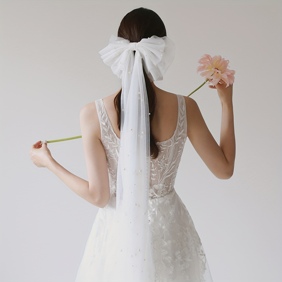 white hair bow veil pearl veil clip bride hair bow clip - Temu display picture 1
