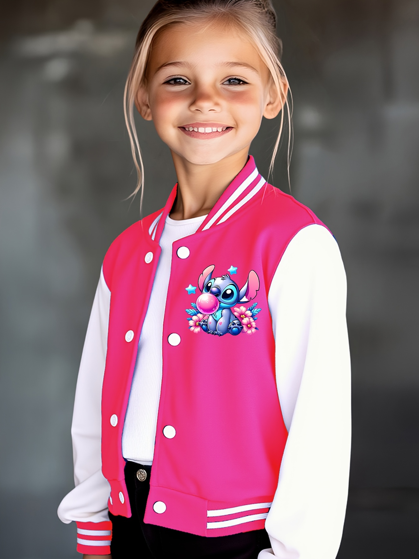Customizable Stitch Girls' Baseball Jacket - Personalized Text, Autumn/Winter Casual Wear with Cute Stitch Print, Perfect for Halloween & Birthday Gifts, Kids Fashion Sportswear, Stitch Gifts, Festive Kids Clothing, Playful Kids Design, Durable Kids Clothing